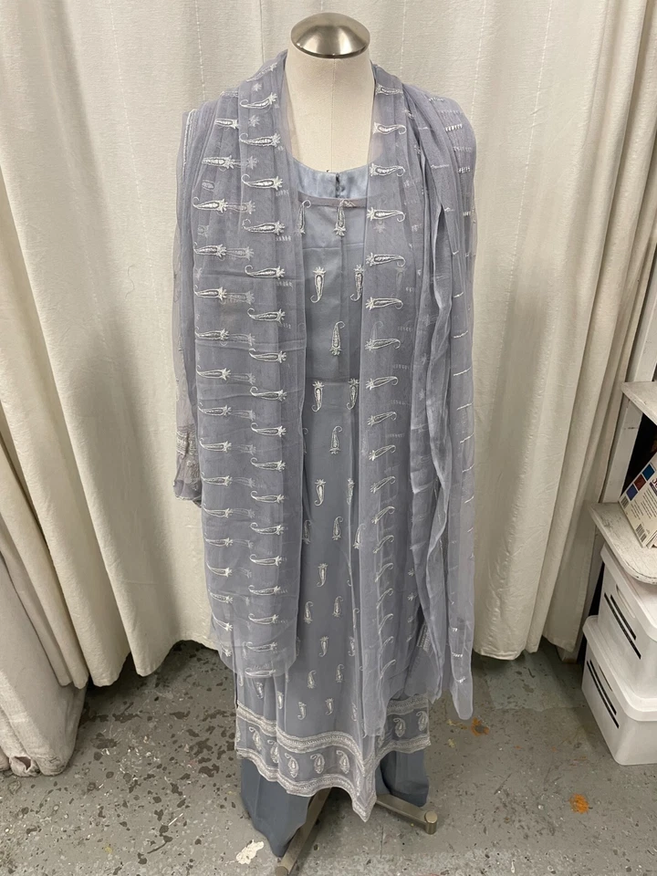 Designer Salwar Kameez 4 Pc Set Medium Silk Net Overlay Halter Top Kurta Dupatta - Image 2 of 4