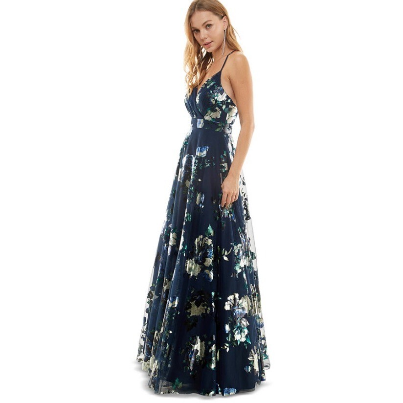 City Studios Womens Juniors Metallic Floral Evening Dress Navy 1