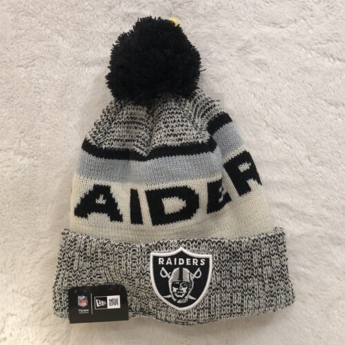 Oakland Raiders NFL Football Black Silver New Era Winter PuffBall Beanie Hat Cap - Picture 1 of 8