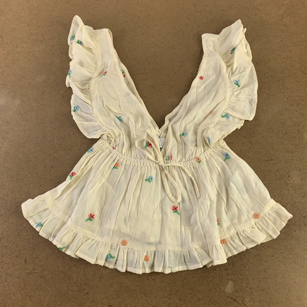 ASOS Women's Size 2 Cream Floral Embroidered Crinkle Ruffle Trim Tank Top  New | eBay