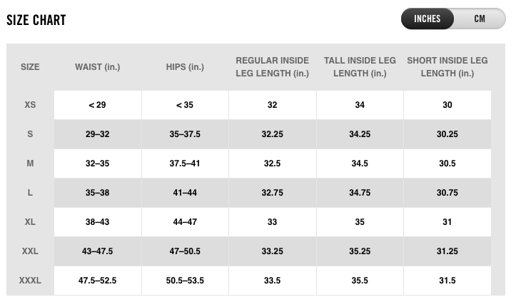 nike running size chart
