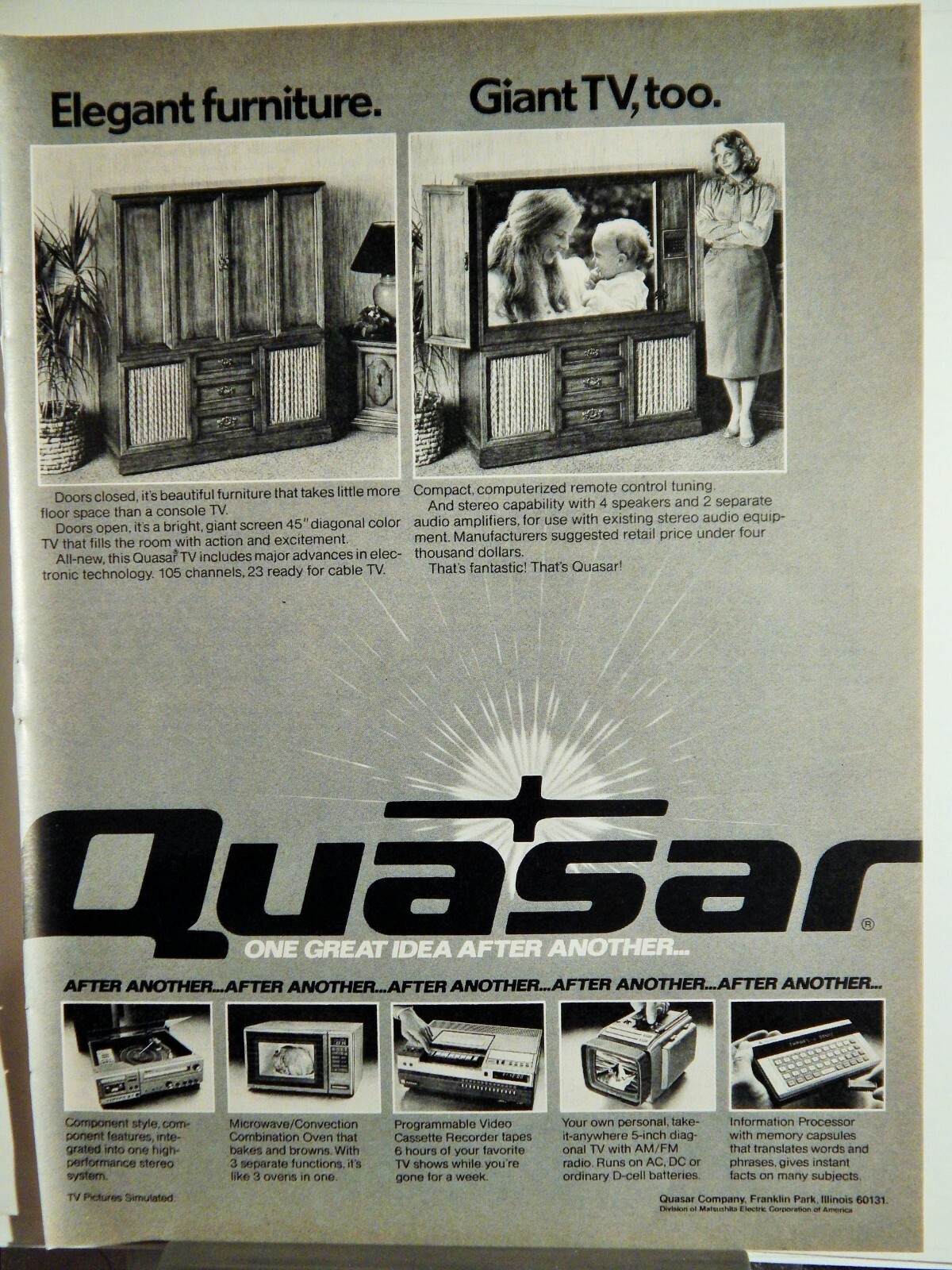 QUASAR HOME ENTERTAINMENT PRODUCTS  VTG 1980 AD, RARE SOUGHT EPHEMERA