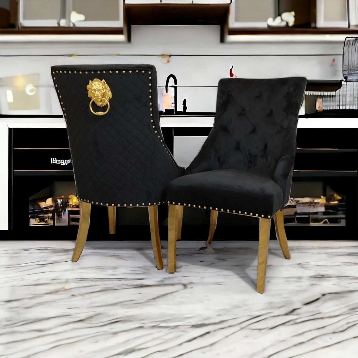 Set of 6 Six Black Velvet Lion Knocker Back Dining Chairs Gold