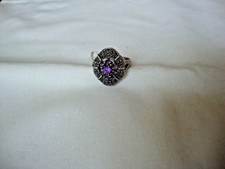 VINTAGE AMETHYST CLUSTER W/ MARCASITE ACCENTS COCKTAIL RING SILVER 925 SZ 8