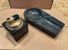 Green Marble Cigar Ashtray 6.5”x1” w/ Working Table Top Lighter 2.25”x2.75”