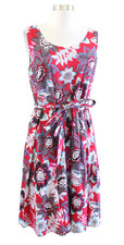 Talbots Red Blue Floral Print Sleeveless Fit and Flare Tie Belt Dress Size 8
