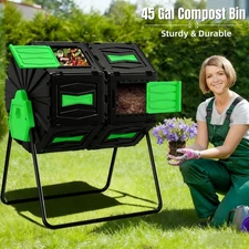 45 Gallon Dual-Chamber Garden Compost Bin 360° Rotating Compost Tumbler Green