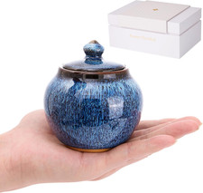 Small Keepsake Urn with Memorial Box - Unique Handcrafted Blue Glaze Ceramic Urn