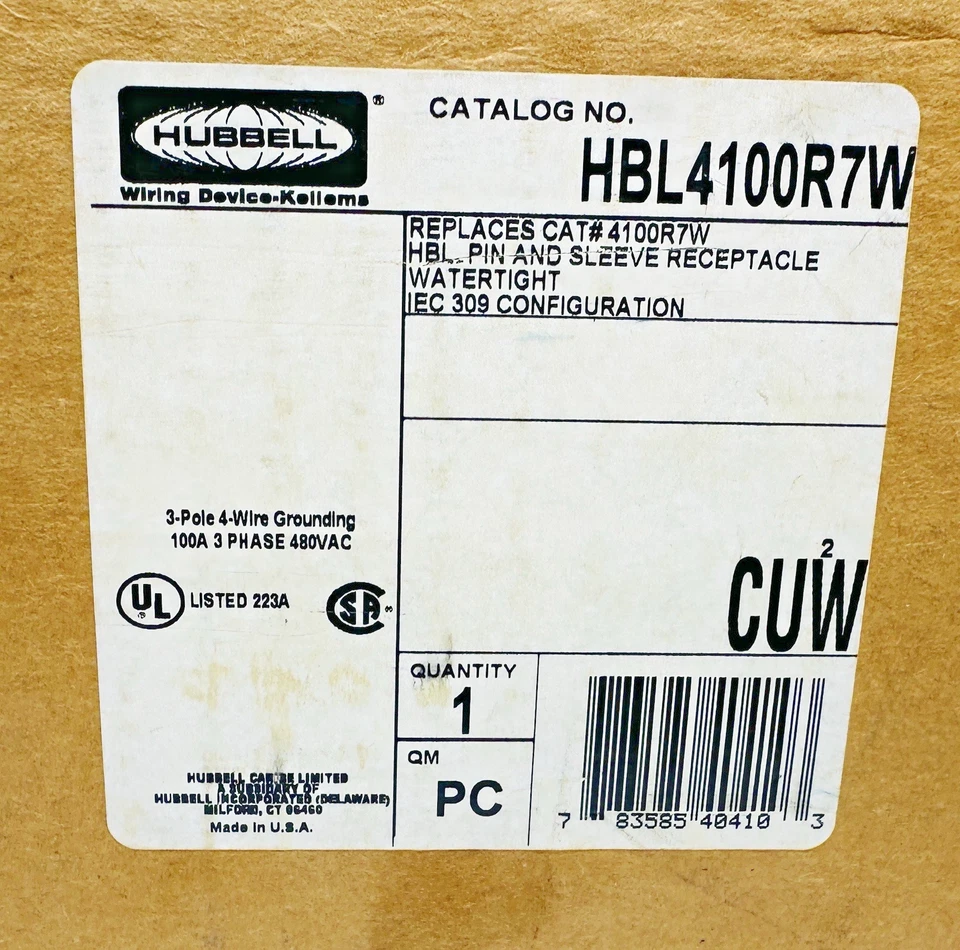 New OEM Hubbell HBL400R7W, 3 Phase, 100-Amp Receptacle 480V 100A, Watertight - Image 2 of 4