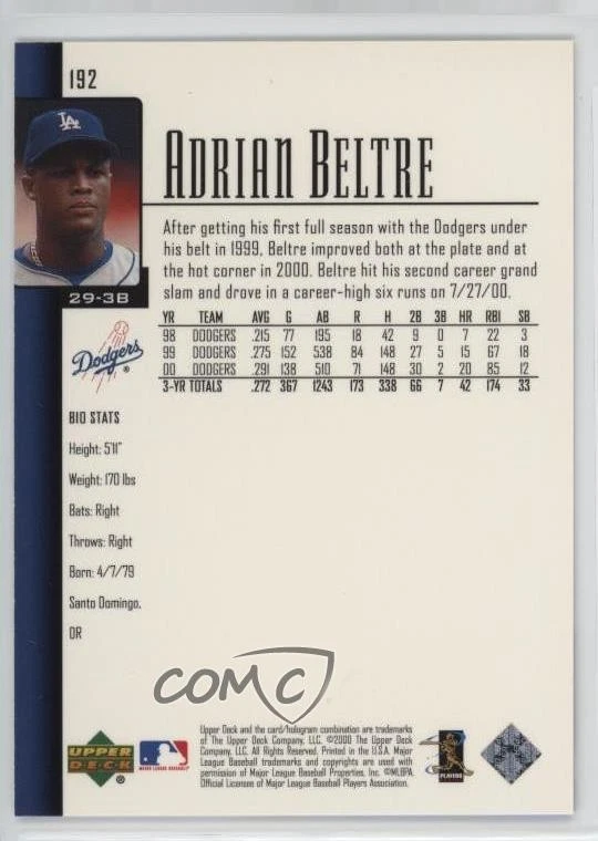 2001 Upper Deck UD Exclusives /100 Adrian Beltre #192 HOF - Image 2 of 2