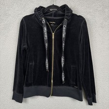 Calvin Klein Hoodie Womens M Black Velour Full Zip Y2K Lounge Track Jacket Hood