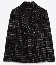 Zara Women s Boucle Tweed Black Confetti Double Breasted Blazer Jacket Size S