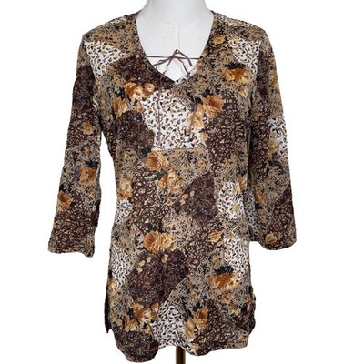 Vintage Mind Games Floral Patchwork Blouse Womens M Brown Tie Neck Boho 90s Y2K