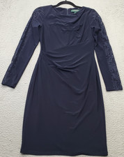 Lauren Ralph Lauren Sheath Dress Women 2 Navy Lined Ruched Side Lace Trim Sleeve