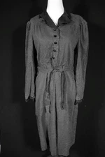 Antique Edwardian French Black With White Polka Dot Cotton Dress Size 8-10