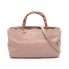 GUCCI Bamboo Shopper Medium Handbag Tote Bag Leather Dusty Pink 2-Way #RC3918