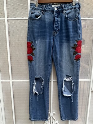 Pacsun women mom jeans floral embroidered size 26 denim blue cropped jeans 
