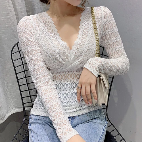 Damen Spitze Bluse Top T-Shirt V-Ausschnitt Langarm transparent durchsichtig schmal sexy weich - Bild 3 von 23