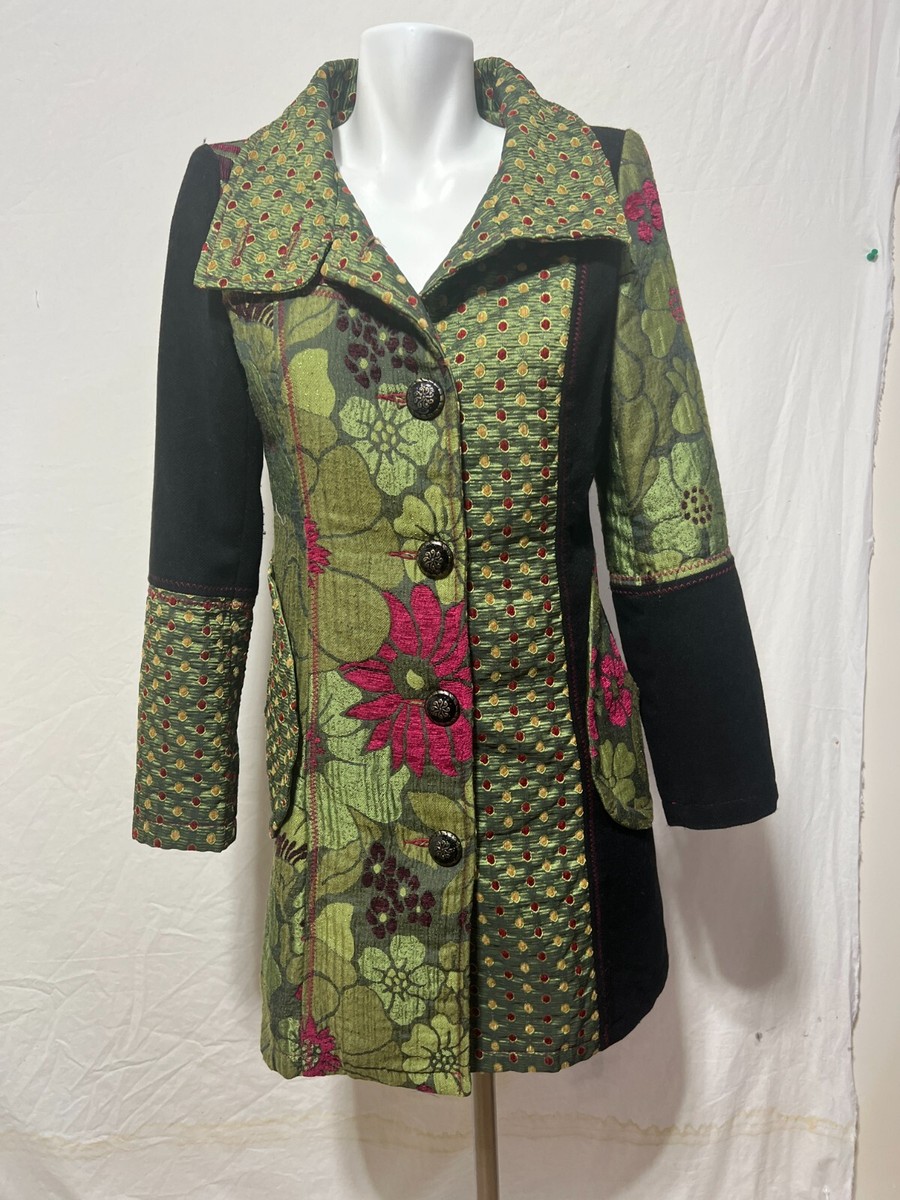 Neslay Paris Women Small Jacquard Long Blazer Jacket Black Green