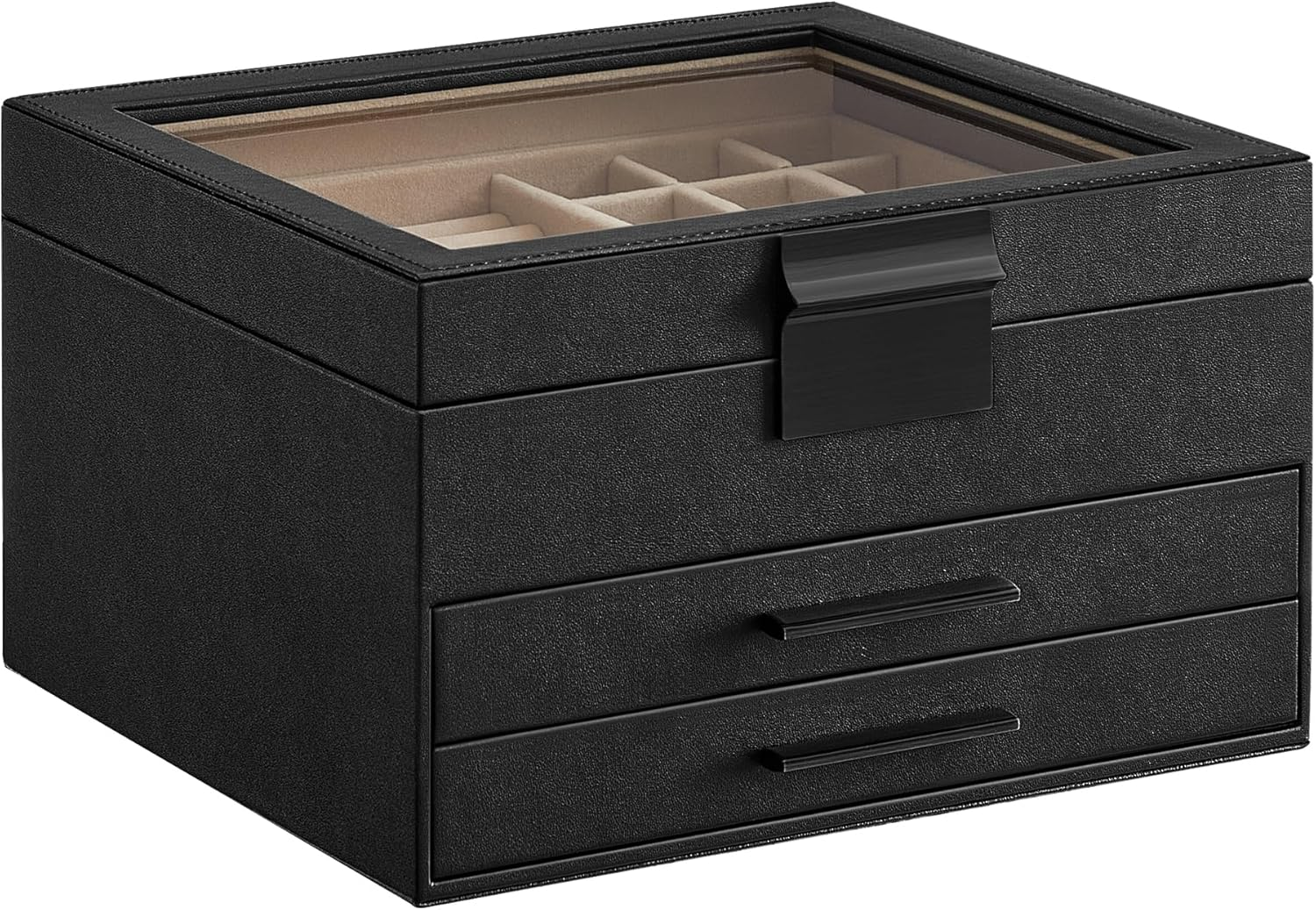 Jewelry Box with Glass Lid, 3-Layer Jewelry Organizer, 2 Drawers, for Big and Sm-image
