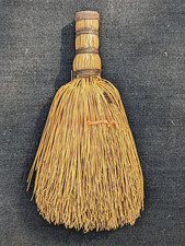 VINTAGE PRIMITIVE SMALL WHISK BROOM SEMI-WRAPPED WIRE WOODEN HANDLE STRAW 6"