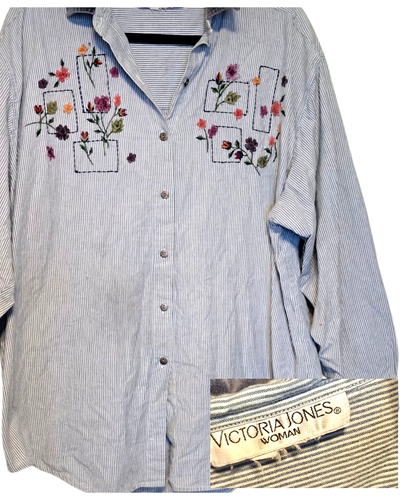 Vintage Victoria Jones Shirt Size XL Stripe Button Gardening Floral Embroidered