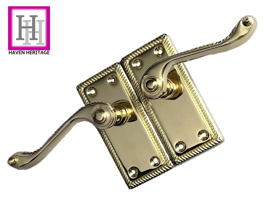 Door Handles Stylish Georgian Brass Plated Lever Latch Roped Edge Handles - Image 2 of 4