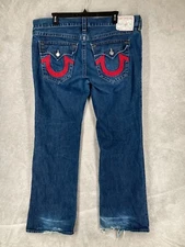 True Religion Ricky Jeans Mens 44x34 Blue Denim Straight Leg Heavy Stitch Flap *
