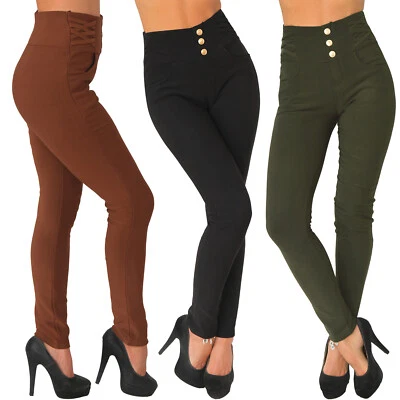 Hose Knöpfe Thermo High Waist Stretch Knopfleiste Treggings Leggings Röhre Niete - Bild 1 von 4