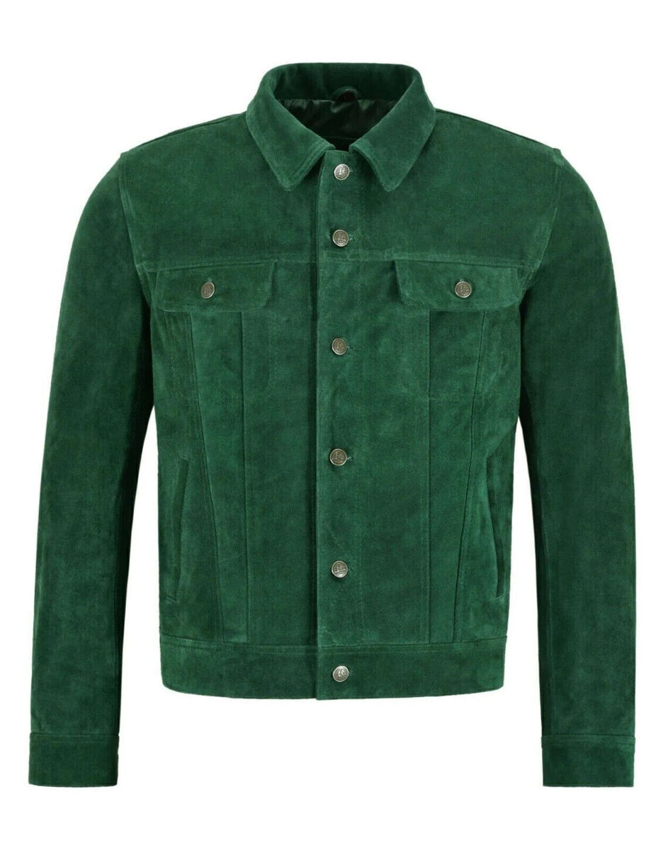 Men Green Suede Leather Jacket, Trucker Cafe Racer Jacket, Western Style Cowboy, Men Green Suede Leather Jacket, Trucker Cafe Racer Jacket, Western Style Cowboy,