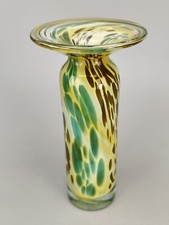 Hand Blown Flared Rim Art Glass Vase Green Brown Dots