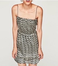 Zara Silver Metallic Black Checkered Party Cocktail Mini Dress L NWT Blogger Fav