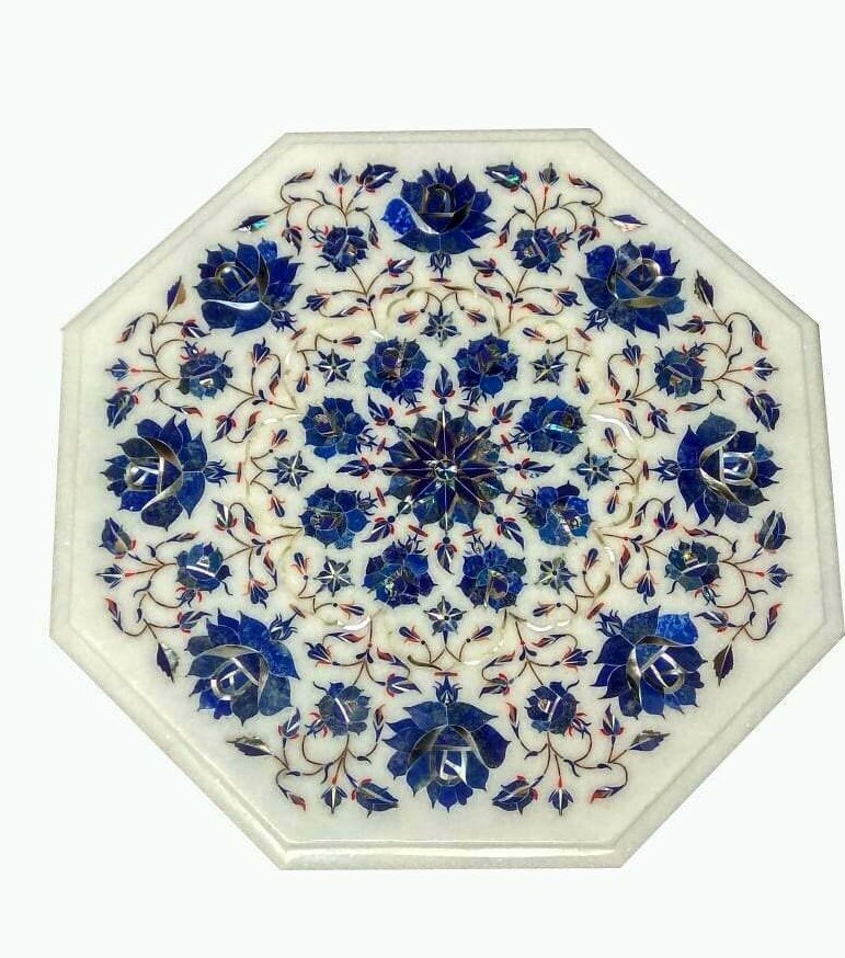 15 Inch Marble Side Table with Semi-Precious Stone Pietradura Inlay Artwork