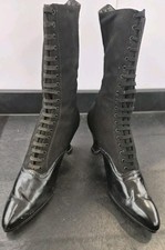 Ant Victorian Edwardian Tall Boots Womens Black Leather/ Canvas Lace Up 1890s