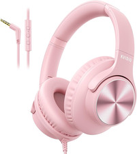 Wired Headphones with Mic, Over-Ear 3.5Mm Corded Headphone for School Pink