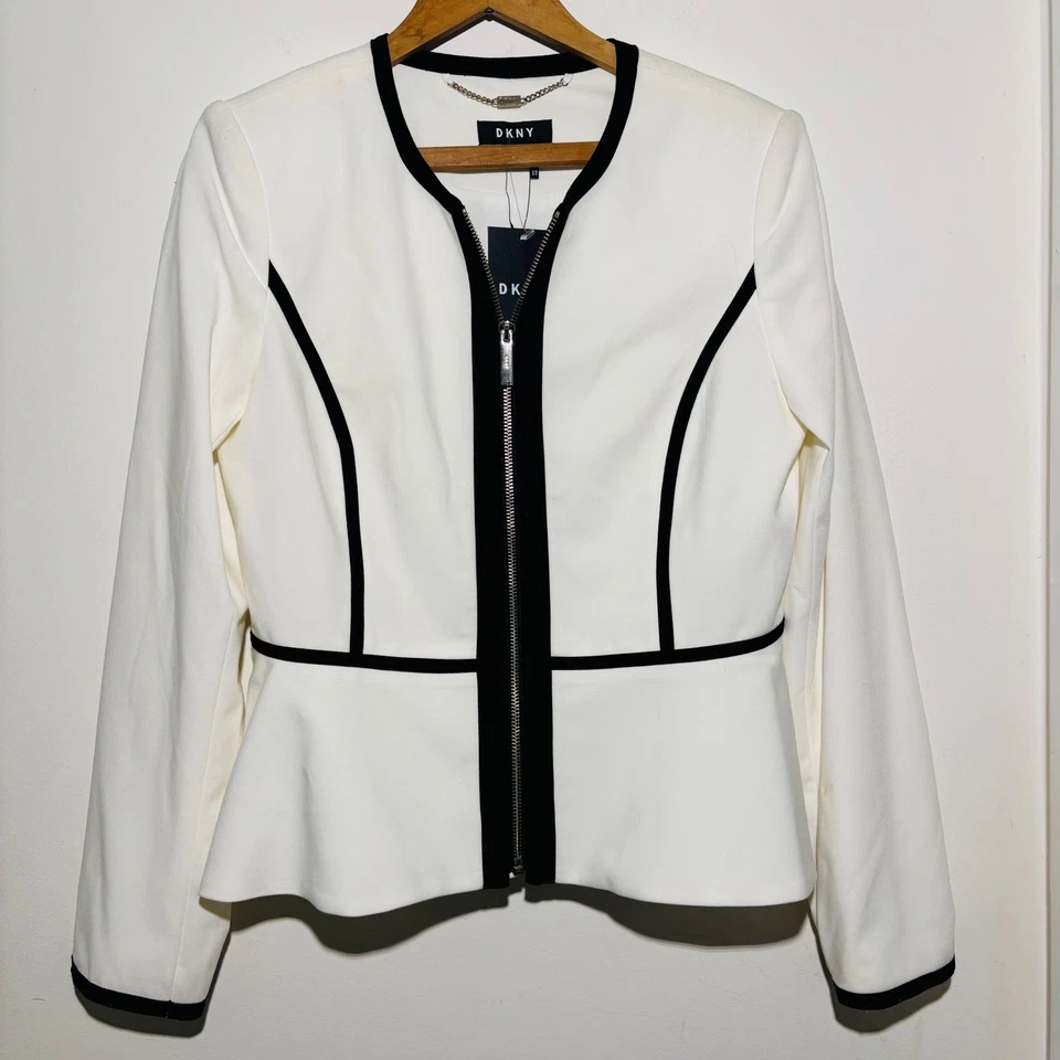 Новый с Ярлыками - DKNY белый пеплум блейзер с черной отделкой молнии длинным рукавом | Размер 8 - Изображение 4 из 4