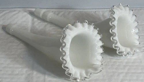 Set Of 2 Fenton Glass Epergne Horn Milk Glass Silver Crest Vase Replacement
