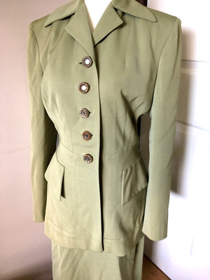 Vintage 1940s Fred A Block Green Chartreuse Old Hollywood Skirt Suit S/M