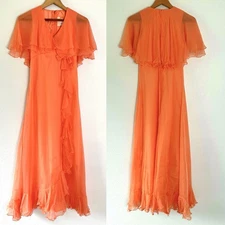 Lorrie Deb Maxi Dress Gown 60s Coral Peach Formal Empire Waist VTG Chiffon Flaw!