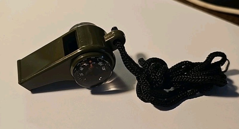 Wilderness Survival Whistle W Lanyard Compass Temperature Guages Green Black 