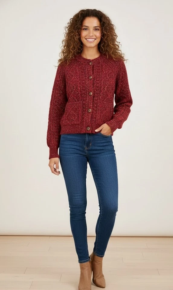 Ladies Marks Per U**Cardigan Long Sleeve Red Wool Blend Thick Knit Soft Button - Image 2 of 4
