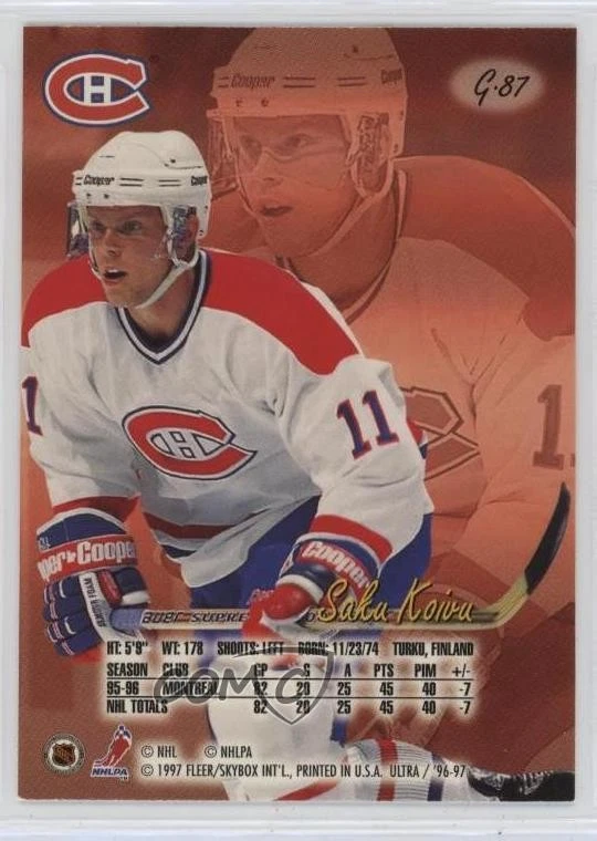 1996-97 Fleer Ultra Gold Medallion Saku Koivu #G-87 - Image 2 of 2