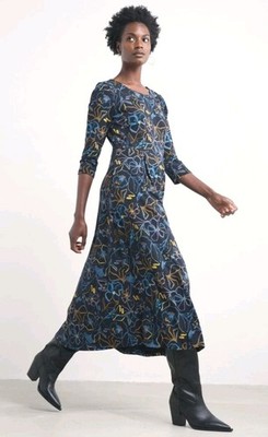 Seasalt Dress Veronica Midi Dress Jersey Drawn Floral Maritime, Size UK 10 EU 38