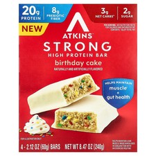 Strong, High Protein Bar, Birthday Cake, 4 Bars, 2.12 oz 60 g Each