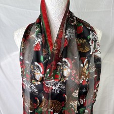 Christmas Scarf Cat Santa Hat Red Black Festive Holiday Fashion 13  x59  EUC