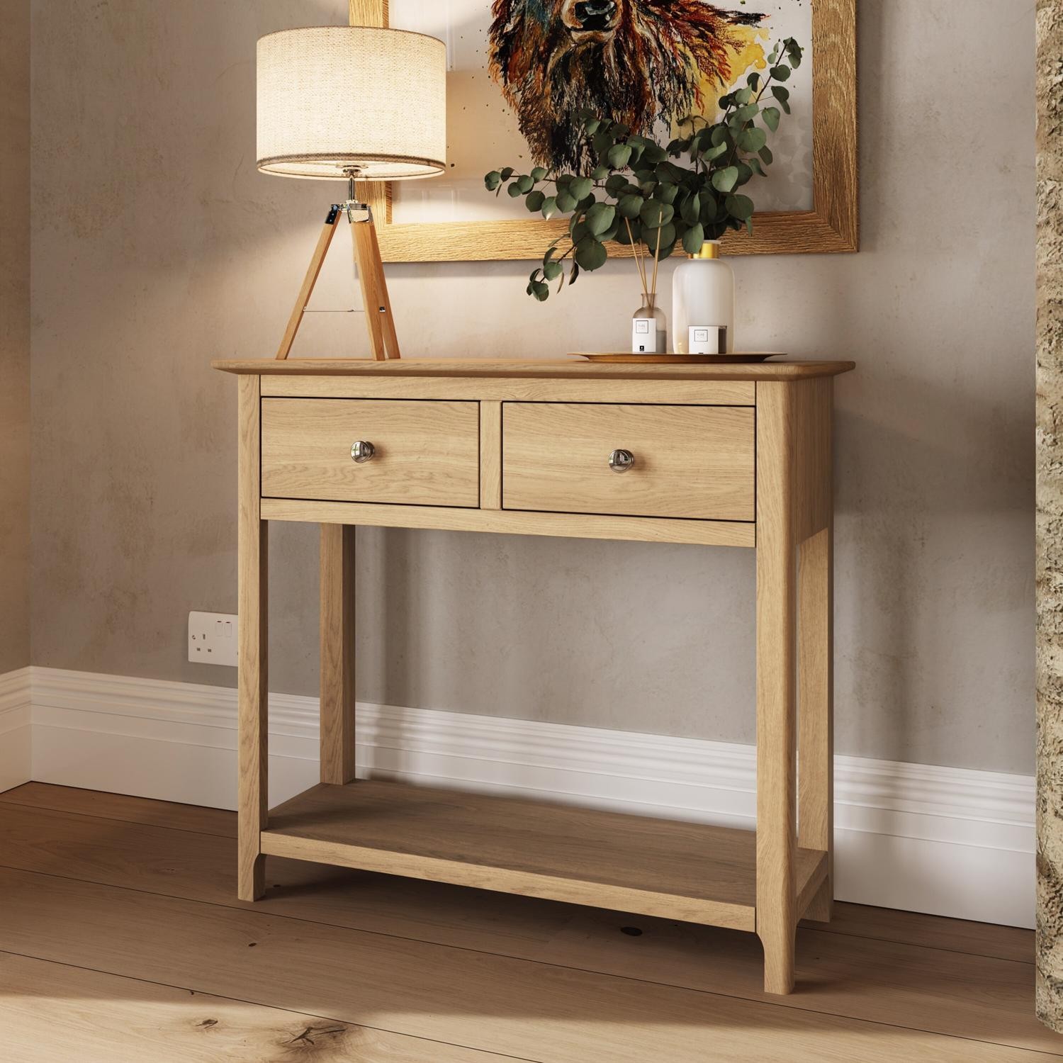 2 Drawer Console Table Natural Oak Large Oak Top Painted Finish