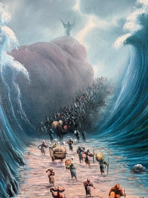 Original Vintage Oil Painting Moses Parting the Red Sea Signed