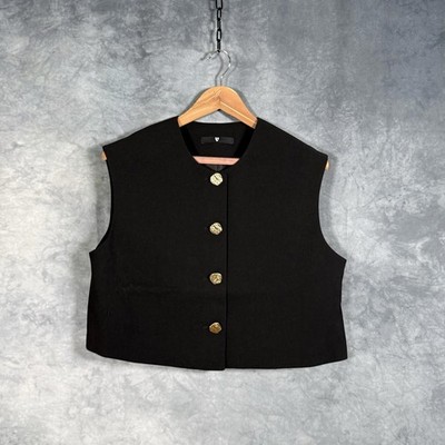 V by Very Women's Black Tailored Cropped Waistcoat Gold Embossed Buttons UK 16