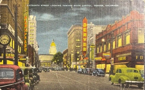 Vintage Linen Postcard Denver Colorado 16th Street Night Neon Signs Street Scene