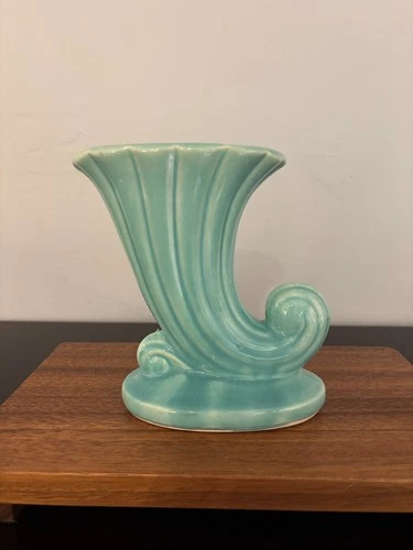 Shawnee USA Pottery Turquoise Ceramic Cornucopia Vase